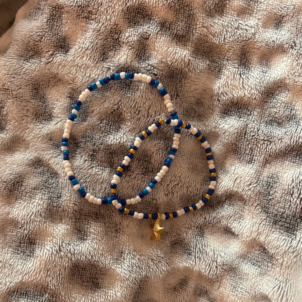 Homemade Blue and White Beaded Bracelet Set